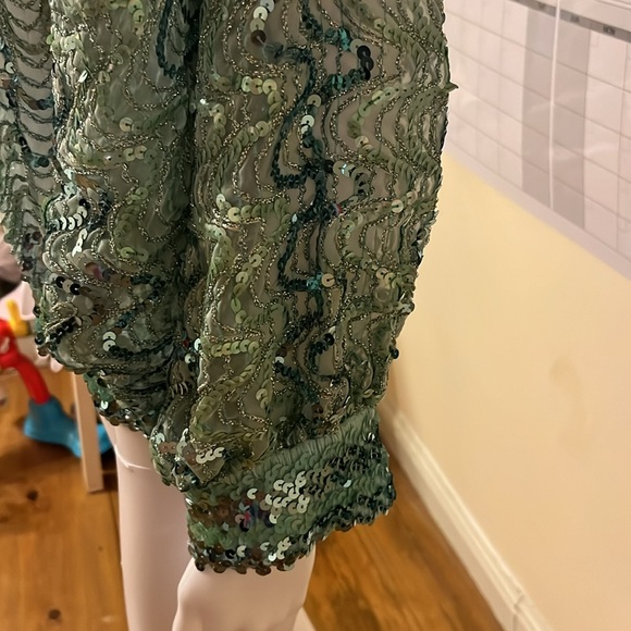 Vintage St. Martin 80s Cropped Top Green Sequin Blouse Bell Sleeve Peek S/M - Picture 4 of 11